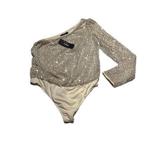 Lulus Cream Sequined One Shoulder Bodysuit Women’s Size L Large Party Top NWT